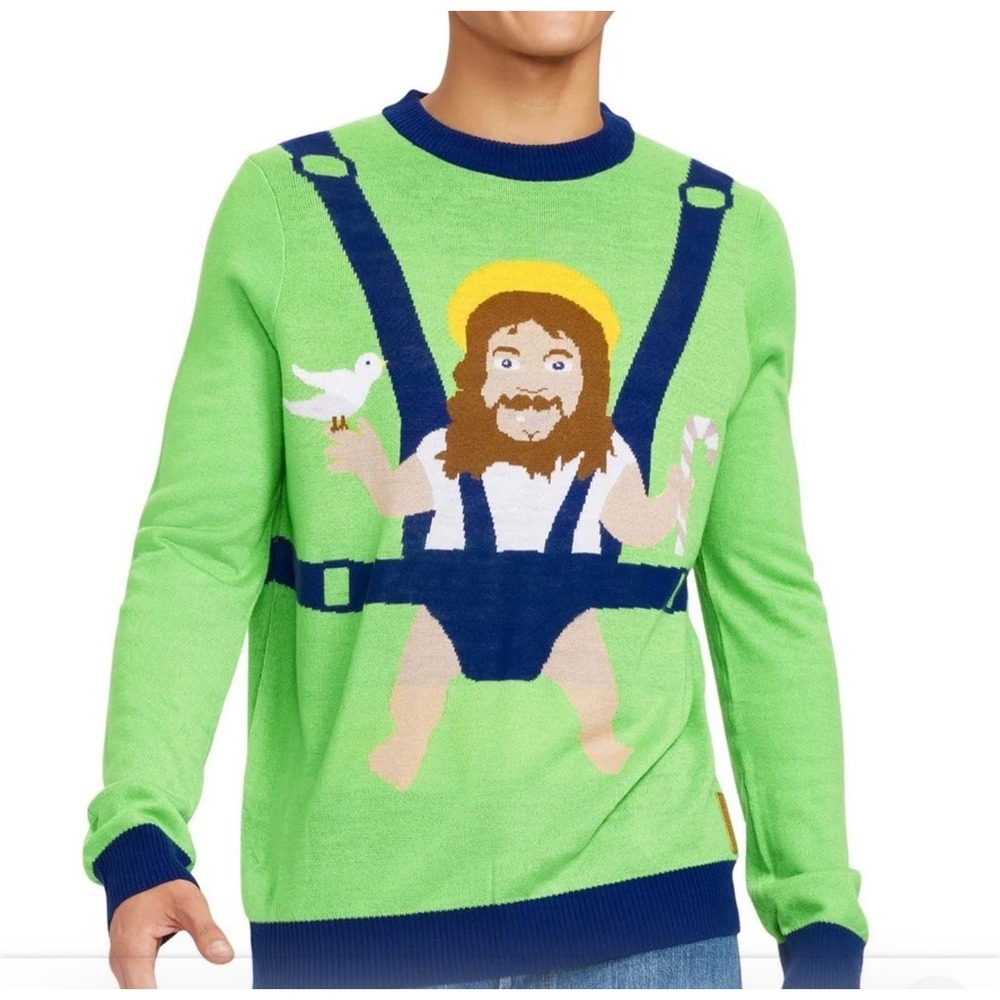 Tipsy Elves Mens Sweet Baby Jesus Ugly Christmas Sweater Green TE-SW125L L